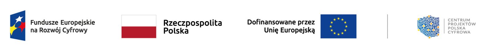 Zestawienie znaków: Fundusze Europejskie na&nbsp;Rozwój Cyfrowy, Barwy Rzeczpospolitej Polskiej, Unia Europejska, Centrum Projektów Polska Cyfrowa