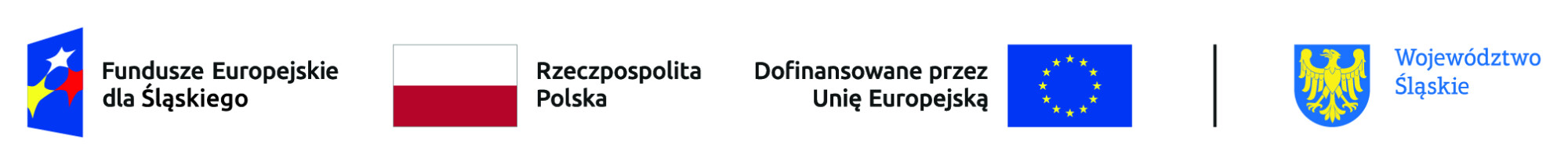 Zestawienie znaków: Fundusze Europejskie dla Śląskiego, Barwy Rzeczypospolitej Polskiej, Unia Europejska, Województwo Śląskie