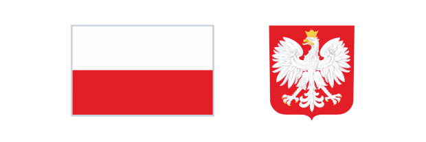Flaga Polski oraz godło: biały orzeł w koronie z głową zwróconą w lewo i rozpostartymi skrzydłami