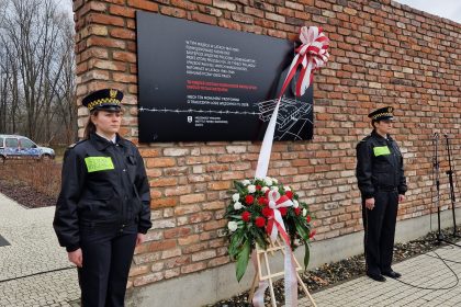 Uroczyste odsłonięcie tablicy pamiątkowej w ramach identyfikacji miejsca pamięci komunistycznego obozu pracy i niemieckiego więzienia policyjnego Rosengarten na murze imitującym ściany baraku obozowego w Parku Promenada